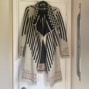 Cream and Black Geometric Cardigan Sweater